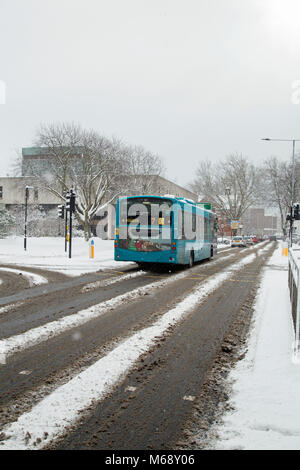 Southend On Sea, Essex, Angleterre, le 27 février 2017, un bus viendra son chemin à travers la neige sur l'avenue Victoria. Banque D'Images