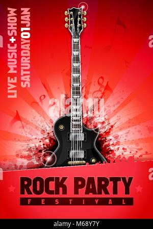 Vector illustration red rock festival party flyer design template avec guitare, place pour le texte et les effets glow cool splash dans l'arrière-plan Illustration de Vecteur