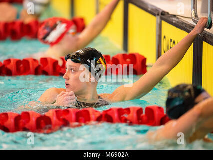 Mireia Belmonte de l'Espagne après avoir remporté sa chaleur dans le Women's 400m GI pendant la première journée de l'EISM 2018 Championnats britanniques et à la Royal Commonwealth Pool, Édimbourg. ASSOCIATION DE PRESSE Photo. Photo date : Jeudi 1 mars 2018. Voir l'activité de natation Championnats. Crédit photo doit se lire : Ian Rutherford/PA Wire. Banque D'Images