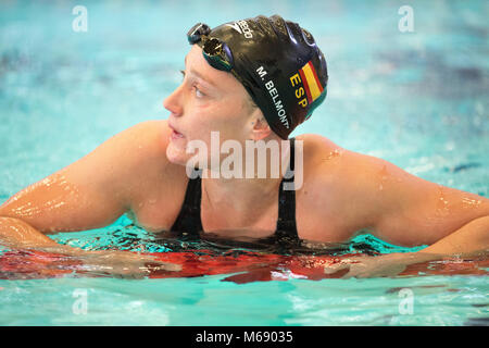 Mireia Belmonte de l'Espagne après avoir remporté sa chaleur dans le Women's 400m GI pendant la première journée de l'EISM 2018 Championnats britanniques et à la Royal Commonwealth Pool, Édimbourg. ASSOCIATION DE PRESSE Photo. Photo date : Jeudi 1 mars 2018. Voir l'activité de natation Championnats. Crédit photo doit se lire : Ian Rutherford/PA Wire. Banque D'Images