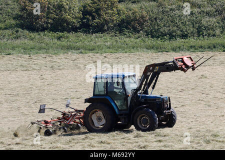 Swansea, Royaume-Uni. 6e juillet 2017. Un vieux tracteur Ford et du pilote pour sécher le foin tournant sur une chaude journée ensoleillée, la péninsule de Gower, Swansea. Credit : Gareth Llewelyn/ Banque D'Images