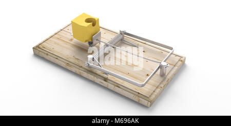 Piège à Souris en bois avec du fromage d'appât isolé sur fond blanc. 3d illustration Banque D'Images