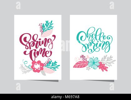 Lettrage dessiné à la main Printemps et bonjour printemps avec cadre de fleurs couronne de fleurs, branches et feuilles. vector illustration scandinaves. Concevoir pour les invitations de mariage, des cartes de souhaits Illustration de Vecteur
