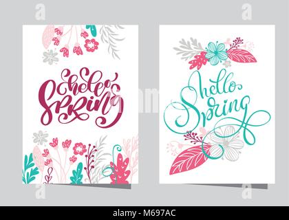 Lettrage dessiné à la main bonjour printemps avec cadre de couronne de fleurs, branches et feuilles. vector illustration scandinaves. Concevoir pour les invitations de mariage, des cartes de souhaits Illustration de Vecteur
