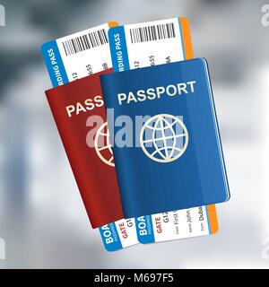 Deux passeports internationaux avec des billets sur le fond de l'aéroport. Billet d'air concept. Vector illustration. Illustration de Vecteur