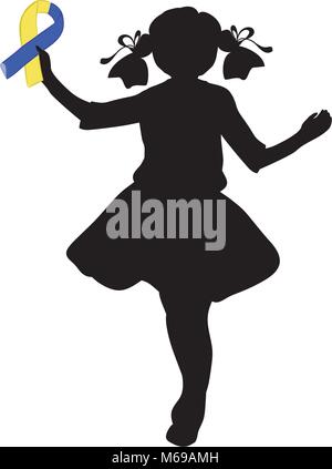 Silhouette fille avec ruban bleu jaune. Journée mondiale de la trisomie 21 Illustration de Vecteur