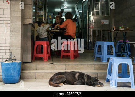 19 février 2018 - Tai O, Lantau Island, Hong Kong. La famille asiatique ayant un repas tandis que les chien allongé sur le rue. Banque D'Images