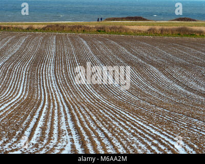 Sentier du littoral et champ couvert de neige Tempête de pluie dans Norfolk Weybourne Banque D'Images