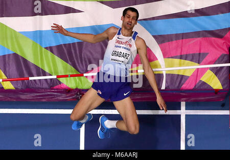 La société britannique Robbie Grabarz en action pendant le saut au cours de la première journée du Championnat du Monde Indoor de l'IAAF 2018 à l'Arena Birmingham, Birmingham. ASSOCIATION DE PRESSE Photo. Photo date : Jeudi 1 mars 2018. Voir l'activité histoire de l'ATHLÉTISME Birmingham. Crédit photo doit se lire : Simon Cooper/PA Wire. Banque D'Images