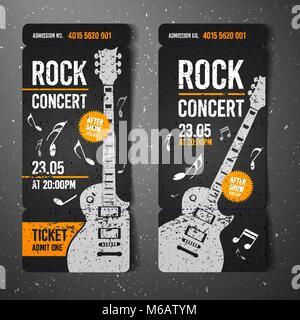 Vector illustration du billet de concert rock noir modèle design avec guitare et effets cool splash dans l'arrière-plan Illustration de Vecteur