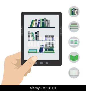 Vector illustration of a hand holding tablet moderne portable e-Book Reader dans la main.Cinq livre des icônes. Illustration de Vecteur