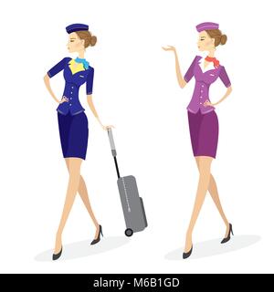 Deux jeunes belle hôtesse en bleu avec bagages isolé sur blanc, stock vector illustration Illustration de Vecteur