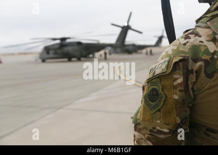 Capitaine John Robertson, un officier de liaison aérienne pour l'articulation de la finale de l'attaque du centre de formation des contrôleurs, s'apprête à insérer dans une zone de combat simulé avec deux CH-53's à partir de l'Escadron d'hélicoptères lourds Marine (HMH) 462 à Nellis Air Force Base, Las Vegas, Nevada, le 27 février. La Nellis Air Force Base détachement d'instruction permet aux Marines avec HMH-462 pour travailler directement avec d'autres branches du service, en simulant des intégration dans un environnement déployées à l'avant. (U.S. Marine Corps Banque D'Images