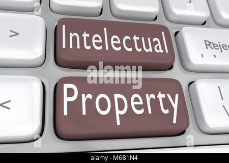 3D illustration de clavier de l'ordinateur avec le script de la propriété intellectuelle sur deux boutons adjacents Banque D'Images