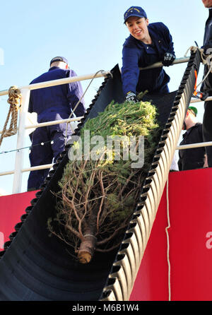 Un membre de l'équipage les garde-côte de Mackinaw déleste l'un des 1 200 arbres de Noël sur le Navy Pier à Chicago, le 2 décembre 2017. Le Mackinaw une fois de plus servi de l'arbre de Noël que l'équipage du navire s'est associé à la communauté maritime de Chicago pour la 18e année consécutive, reproduisant la tradition de l'arbre de Noël d'origine navire qui a des arbres à Chicago du nord du Michigan pour les familles dans le besoin il y a plus de 100 ans. (U.S. Garde côtière canadienne Banque D'Images