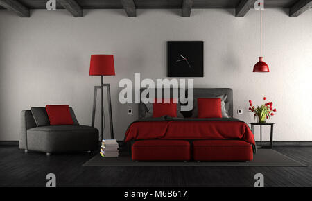 Moderne noir et rouge chambre principale avec lit double et fauteuil - 3D Rendering Banque D'Images