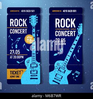 Vector illustration du billet de concert rock bleu modèle design avec guitare et effets cool splash dans l'arrière-plan Illustration de Vecteur