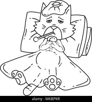 Sickening chat avec thermomètre sous la couverture. La page de carte de vœux, livre de coloriage, prin. Vector illustration noir et blanc. Les grandes lignes du dessin. Je Illustration de Vecteur