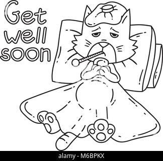 Sickening chat avec thermomètre sous la couverture. La page d'un livre à colorier, cartes de vœux. Vector illustration noir et blanc. Les grandes lignes du dessin. Isoler Illustration de Vecteur