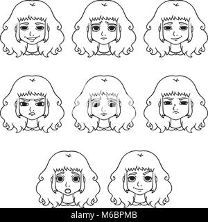 Ensemble d'émotions de la femme. L'expression du visage. Girl Avatar. Vector illustration dessinée à la main. Vector illustration noir et blanc. Les grandes lignes du dessin. Isolat Illustration de Vecteur