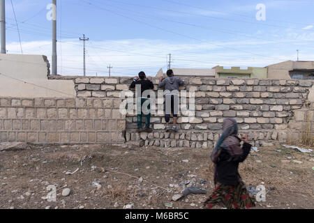 Mossoul, Irak. 8 décembre 2016 - 2 hommes, l'air de leurs amis à les tirer vers le haut dans la zone de sécurité gardé par l'armée iraquienne, administré par l'Organisation des N Banque D'Images