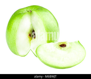 Pomme verte fruits et tranches de pomme isolé sur fond blanc. Banque D'Images