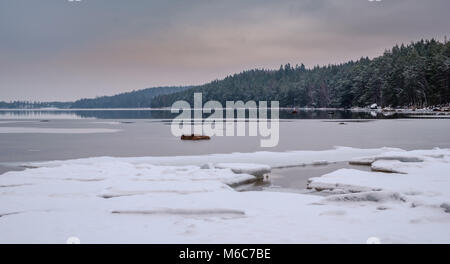 Banc de glace à la plage avec la forêt en arrière-plan sur l'autre côté du lac Banque D'Images