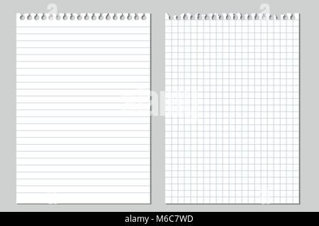 Jeu de vector illustrations réalistes d'une feuille de papier déchiré à partir d'un cahier de travail avec l'ombre, isolé sur un fond gris Illustration de Vecteur