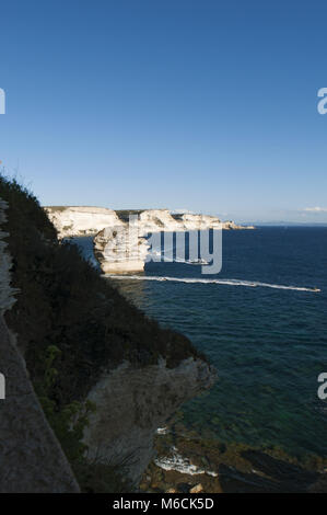 Corse : les falaises de calcaire blanc à couper le souffle dans les Bouches de Bonifacio marine park avec vue sur le phare du cap Pertusato Banque D'Images
