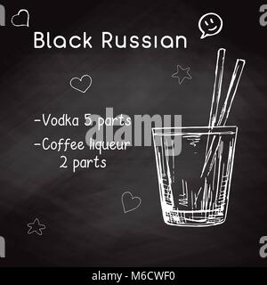 Recette simple pour un alcoolique cocktail Black Russian. Dimensions la craie sur un tableau noir. Vector illustration d'un croquis de style. Illustration de Vecteur