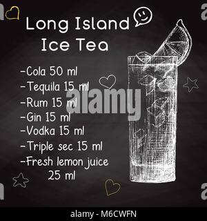 Recette simple pour un alcoolique cocktail Long Island Ice Tea. Dimensions la craie sur un tableau noir. Vector illustration d'un croquis de style. Illustration de Vecteur