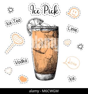 Recette simple pour un cocktail d'alcool pic à glace. Vector illustration d'un croquis de style. Illustration de Vecteur