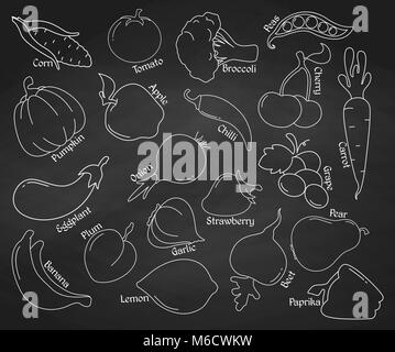 Ensemble d'icônes linéaire. Fruits et légumes sur le tableau. Vector illustration. Illustration de Vecteur