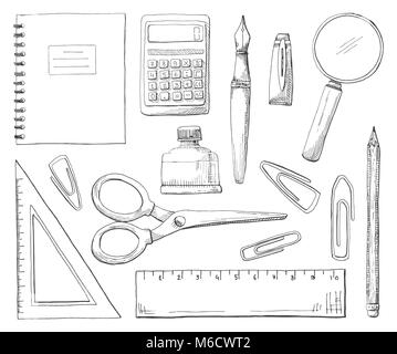 Fournitures de bureau à la main isolé sur fond blanc. Vector illustration d'un croquis de style. Illustration de Vecteur