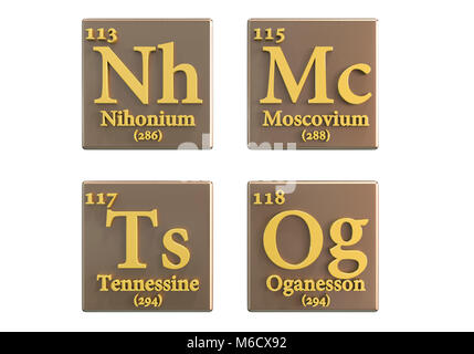 Illustration de l'ordinateur plus récemment ajoutées à la table périodique des éléments (au début de 2018). Ils sont ; 113 le niobium (NH), 115 Moscovium (MC), 117 (Tennessin Oganesson Ts) et 118 (OG). Banque D'Images