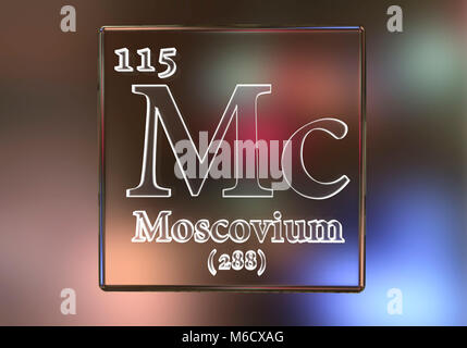 Illustration d'ordinateur d'un des éléments les plus récemment ajoutées au tableau périodique (au début de 2018) : l'élément 115 Moscovium (MC). Banque D'Images