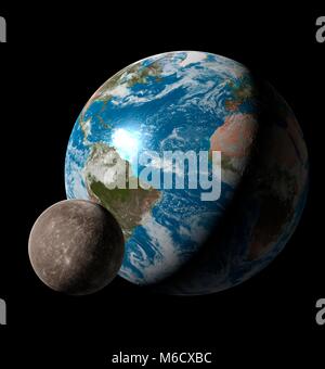 La comparaison de l'image La taille de la terre (à droite) avec la planète Mercure. C'est la planète la plus proche du Soleil, avec une distance moyenne de 0,39 fois de la distance Terre-Soleil. Avec un diamètre de 38  % que de la Terre, Mercure est la plus petite planète du système solaire. Banque D'Images