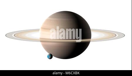 La comparaison de l'image La taille de la terre (à gauche) avec la planète Saturne. Saturne est la sixième planète du système, avec une distance moyenne de 9,4 fois de la distance Terre-Soleil. Étant un monde liquide principalement de l'hydrogène et l'hélium, les astronomes l'étiqueter (avec Jupiter) une géante gazeuse. Avec un diamètre de 9,4 fois celle de la Terre, Saturne est la deuxième plus grande du système solaire (après Jupiter planète). Banque D'Images