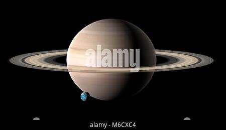 La comparaison de l'image La taille de la terre (à gauche) avec la planète Saturne. Saturne est la sixième planète du système, avec une distance moyenne de 9,4 fois de la distance Terre-Soleil. Étant un monde liquide principalement de l'hydrogène et l'hélium, les astronomes l'étiqueter (avec Jupiter) une géante gazeuse. Avec un diamètre de 9,4 fois celle de la Terre, Saturne est la deuxième plus grande du système solaire (après Jupiter planète). Banque D'Images