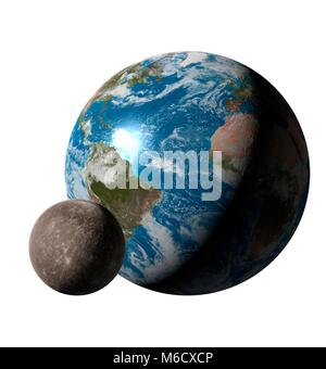 La comparaison de l'image La taille de la terre (à droite) avec la planète Mercure. C'est la planète la plus proche du Soleil, avec une distance moyenne de 0,39 fois de la distance Terre-Soleil. Avec un diamètre de 38  % que de la Terre, Mercure est la plus petite planète du système solaire. Banque D'Images