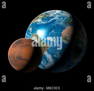 Art informatique comparant la taille de Mars (à gauche) avec celle de la Terre. Le diamètre de Mars est de 53  % celle de la Terre. Il dispose de dix pour cent de la masse de la Terre et est, en moyenne, 1,53 fois plus loin du Soleil. Alors que la terre est l'hôte d'océans d'eau liquide et dispose d'un dense atmosphère riche en eau, Mars est extrêmement aride, froide et, autant que nous le savons, stériles. Il est pensé pour avoir perdu la majeure partie de son eau à l'espace il y a longtemps, et tout ce qui reste est gelée aux pôles et verrouillé profondément dans le sol que le pergélisol. Banque D'Images