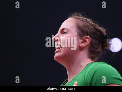 Birmingham. 2e Mar, 2018. Anita Marton de Hongrie réagit après avoir remporté le lancer du poids de la femme au cours de la finale des Championnats du monde en salle de l'IAAF à Arena Birmingham à Birmingham, Grande-Bretagne le 2 mars 2018. Credit : Han Yan/Xinhua/Alamy Live News Banque D'Images