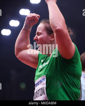 Birmingham. 2e Mar, 2018. Anita Marton hongroise célèbre après avoir remporté le lancer du poids de la femme au cours de la finale des Championnats du monde en salle de l'IAAF à Arena Birmingham à Birmingham, Grande-Bretagne le 2 mars 2018. Credit : Han Yan/Xinhua/Alamy Live News Banque D'Images