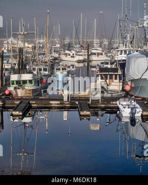 Des bateaux de pêche, le brouillard du matin, au Quai Municipal marina près de ferry terminal à Port McNeill, au nord de l'île de Vancouver, Colombie-Britannique, Canada Banque D'Images