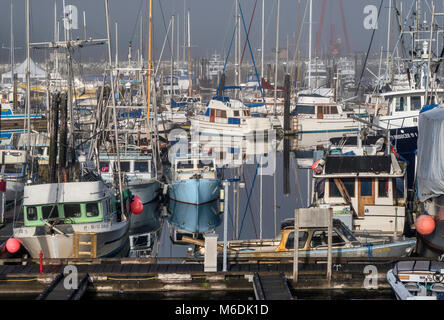 Des bateaux de pêche, le brouillard du matin, au Quai Municipal marina près de ferry terminal à Port McNeill, au nord de l'île de Vancouver, Colombie-Britannique, Canada Banque D'Images