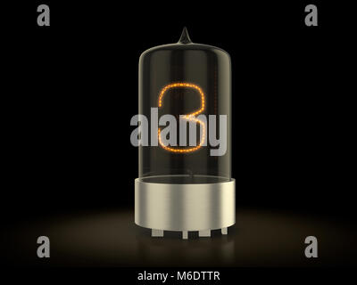 Tube Nixie numéro trois sur un fond noir. 3d illustration. Banque D'Images