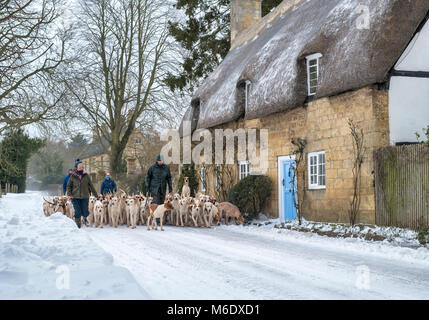 Les cotswolds du Nord chassent les fosses en passant devant des cottages à toit de chaume dans la neige d'hiver. Broadway, Cotswolds, Worcestershire, Angleterre Banque D'Images