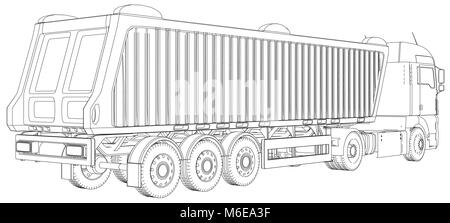 Semi-remorque benne sketch isolé sur fond blanc. 3 camion à essieu central. Illustration 3d de traçage. Format vectoriel EPS 10. Illustration de Vecteur