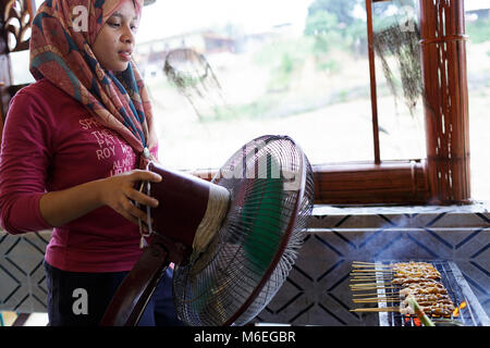 Jeune femme malaisienne avec poulet grillé en éventail Satay avec flamme et fumée, Malaisie Banque D'Images