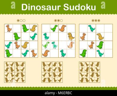 Sudoku puzzles colorés avec cartoon dinosaures dans trois niveaux de réseaux électriques - facile, moyen et difficile - pour les enfants à résoudre avec les trois solutions ou combin Illustration de Vecteur